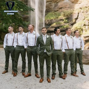 Garnitur męski premium, dwuczęściowy garnitur w kolorze oliwkowo-zielonym, odzież ślubna, garnitur dla pana młodego i drużbów, garnitur na imprezę, prezenty dla mężczyzn, elegancki garnitur,