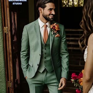 Abito da uomo verde salvia a 3 pezzi: abito da sposo personalizzato
