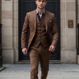 Men&#39;s premium suit, Brown 3 piece suit, wedding suit, Groom & Groomsmen suit, Party wear suit, gifts for men, Elegant Suit, Business suit