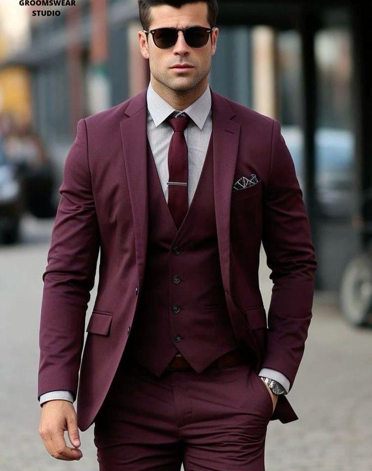 3 Piece Burgundy Reception Suit w/ Peaked Lapels - Handsome Look