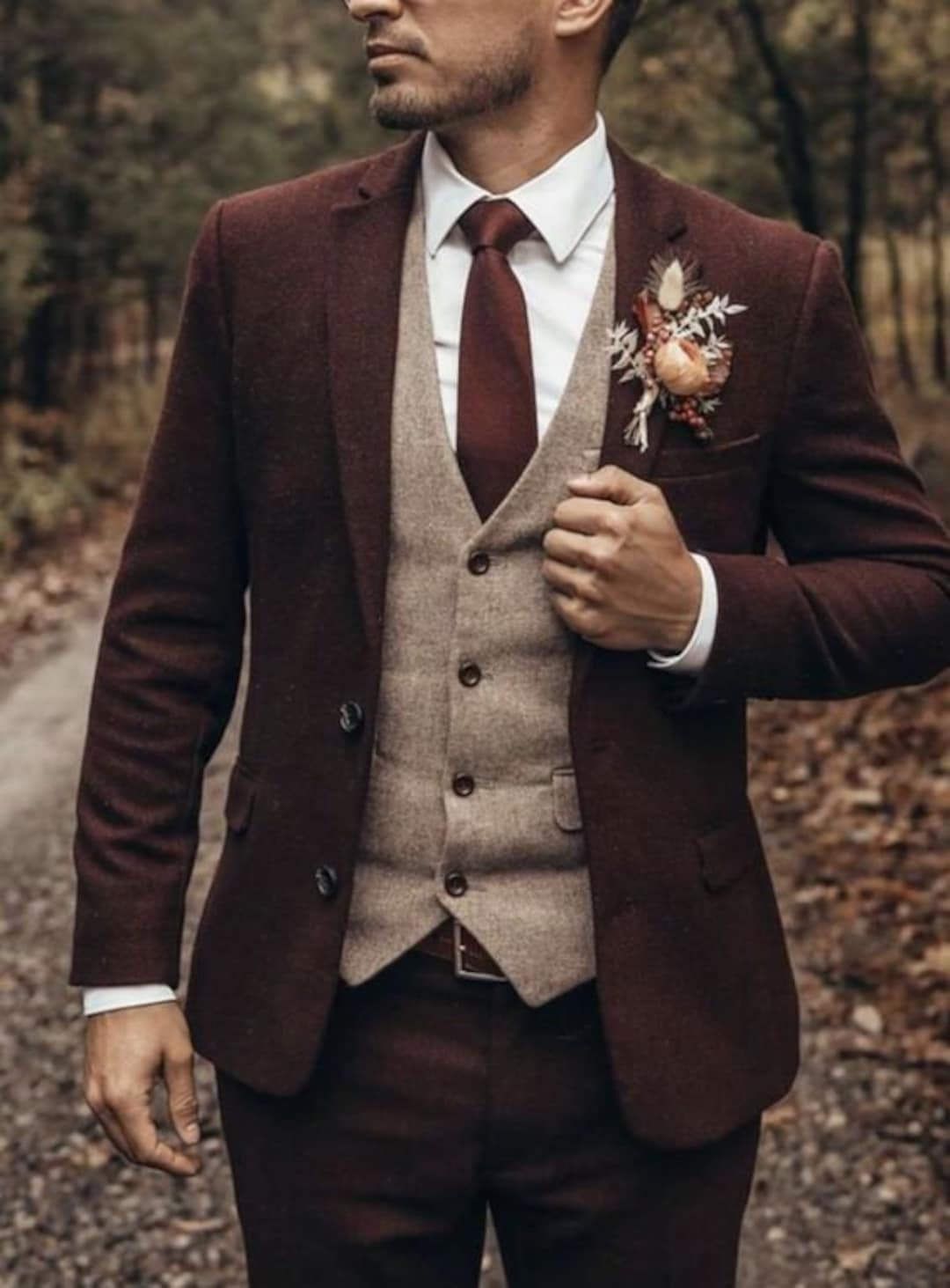 Tweed Jacket Men Men's Burgundy 3-Piece Tweed Suit, Winter Wedding