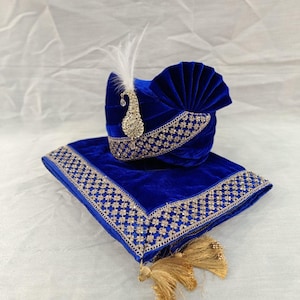 Blue Wedding Turban & Shawl Set: Indian Groom Safa
