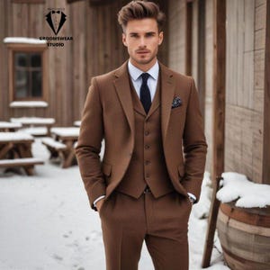 Men&#39;s Elegance,  Brown Tweed/Woolen men&#39;s Suit for Groom, Groomsmen suit, wedding suit, Engagement  suit, party wear suit, Tailored Suit