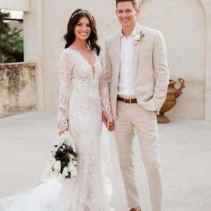 Classic Two piece Cream linen Suit men&#39;s Suit For Groom and Groomsmen suit, wedding suit, Engagement prom suit, party wear suit,Classic suit