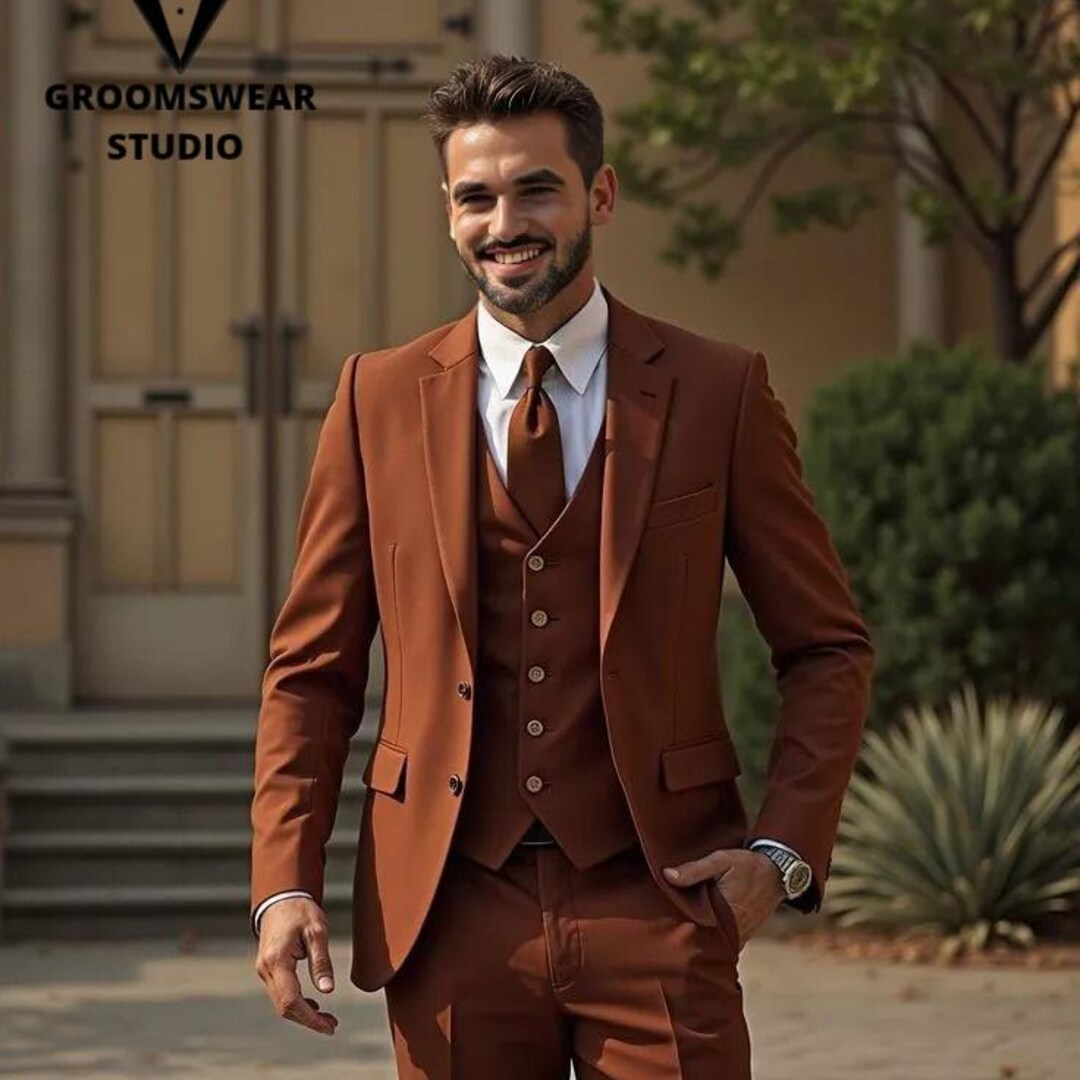 Basic Costom For Men Men's Premium Brown Three Pieces Suit for Wedding, Groom and Groomsmen ...