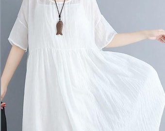 Oversized Linen Dress, Loose Fit Linen Midi Tunic, White Colour,  Comfy Long Top, Plus Size, Petite Custom Size, white linen dress women,