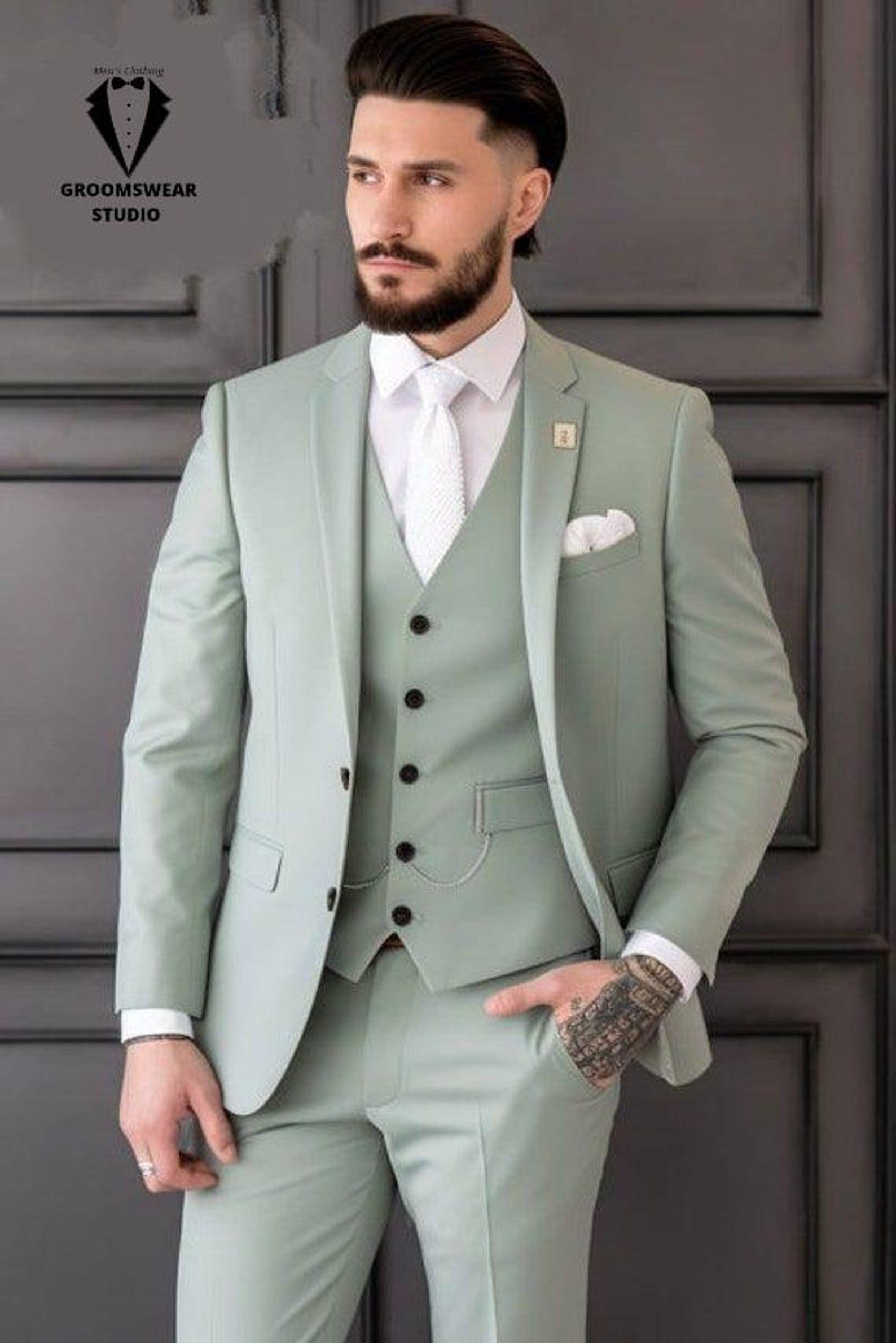 Basic Costom For Men Three Piece Sage Green Mens Suit for Wedding, Engagement, Prom, Groom ...