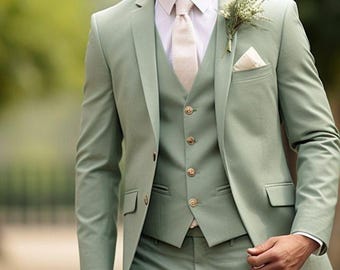 くすみグリーンダブルブレストスーツ ネクタイ付き 男性用ダークグリーンのダブルブレストスーツ。結婚式、婚約、プロム