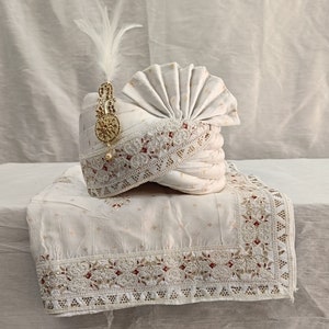 White Wedding Turban & Shawl Set: Indian Groom Safa