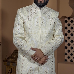 Luxurious cream Sherwani for men, Man sherwani, Wedding sherwani, Groom sherwani, white sherwani, groom outfit, Indian groom wedding dress,