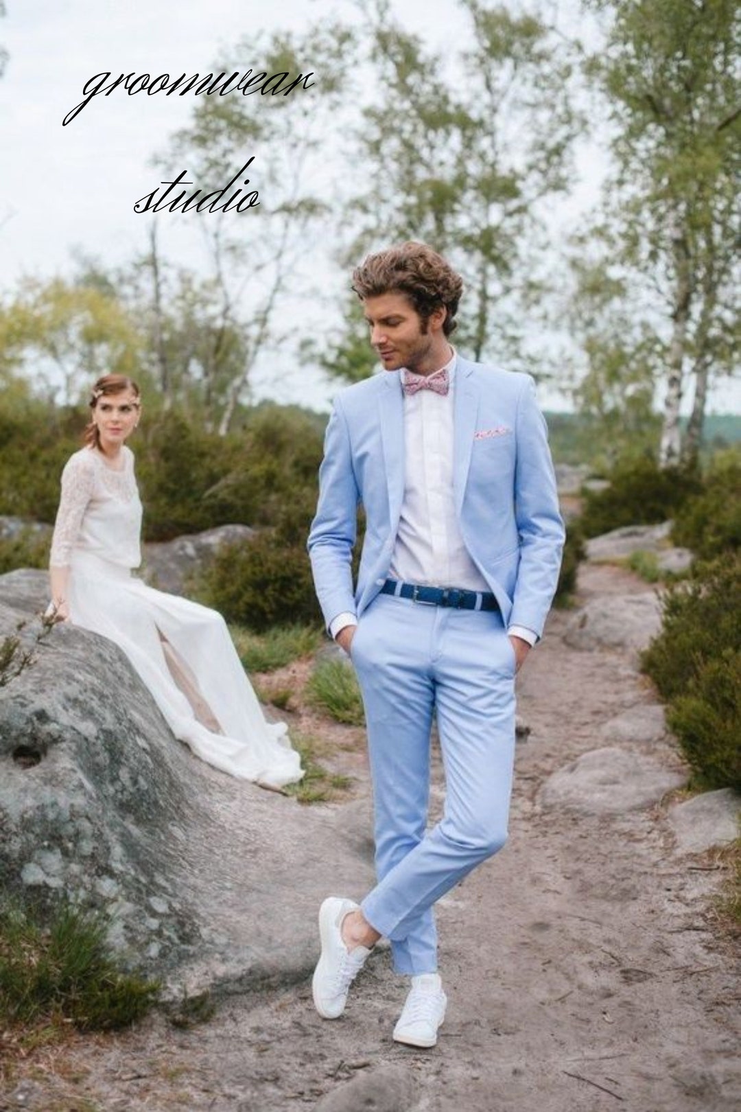 Abito da sposa classico su misura, due pezzi, azzurro cielo