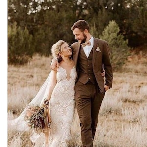 Premium Three Piece Brown Tweed Woolen men&#39;s Suit for Groom and Groomsmen suit, wedding suit, Engagement prom suit, vintage suit,Costom suit