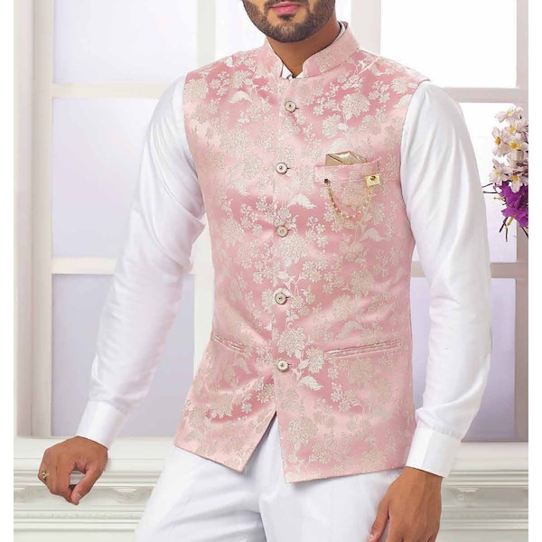 Veste pour homme Nehru haut de gamme, luxe et look élégant, veste ethnique pour mariage Le marié portait une veste 5 boutons rose poudré