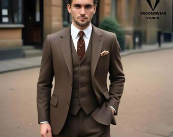 ブラウンの3ピーススーツ：メンズウェディングタキシード、オーダー