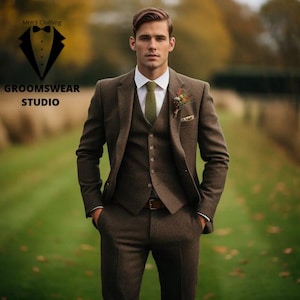 Suit for men, Tweed/ Woolen Brown 3 piece Mens suit for Groom suit, Groomsmen suit , wedding suit, Engagement prom suit, party wear suit