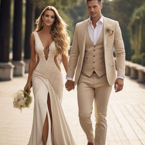 Puede incluir: Una pareja caminando por un sendero, la mujer lleva un vestido de novia blanco con un escote pronunciado y una abertura en el muslo, el hombre lleva un traje marrón claro con un chaleco y una camisa blanca.