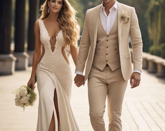 Beige 3 Piece men&#39;s Suit for Groom and Groomsmen suit, wedding suit, Engagement prom suit, party wear suit, Formal suit ,business suit