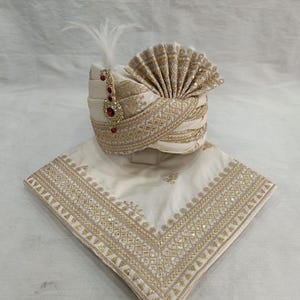Ivory Wedding Turban & Shawl Set: Indian Groom Sherwani Accessories