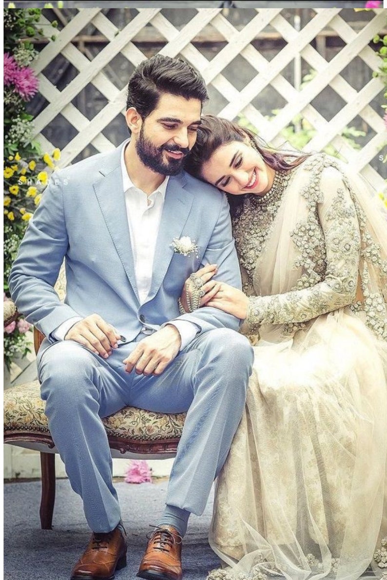 Handsome Sky Blue Slim Fit Wedding Suit for Groom with Peaked Lapel main image 1