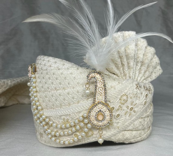 Men's Ivory Wedding Turban, Indian Groom Safa, Adjustable Sherwani Headwear with Feather & Pearl Brooch