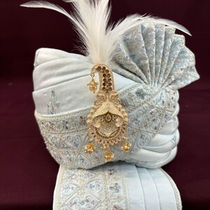 Sky Blue Wedding Turban & Shawl Set: Indian Groom Sherwani Accessories