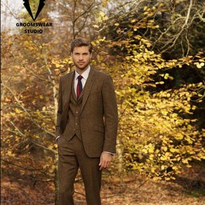 Premium Three Piece Brown Tweed men&#39;s Suit for Groom suit, Groomsmen suit,  wedding suit,  Engagement prom suit, Vintage suit, Costom suit
