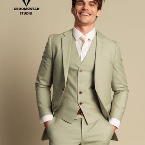 Men&#39;s Sage Green Notch Lapel 3-Piece Suit - Trendy Professional Business Suit, party wear suit, Groom suit , groomsmen suit,  Costom suit