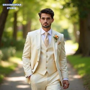 Suit For Men, Ivory Three piece Slim Fit Suit, Wedding Suit, Groom And Groomsmen suit, Engagement prom Suit, Party wear suit, Costom suit