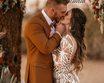 brown wedding suit, stylish look premium Luxury suit, Ethnic Wedding Wear 2 Piece Suit, Groom wore two button suit,