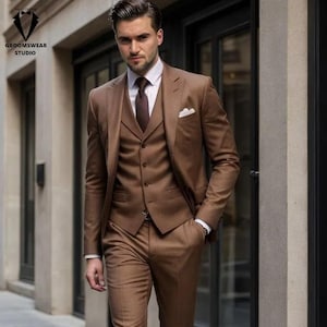 Men&#39;s Classic 3 Piece Brown suit for wedding suit, Groom & Groomsmen suit, Party wear suit, gifts for men, Elegant Suit, Tailored Suit