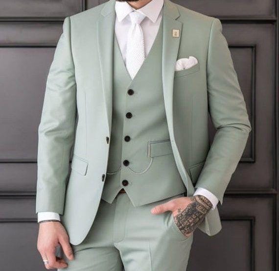 Basic Costom For Men Three Piece Sage Green Mens Suit for Wedding, Engagement, Prom, Groom ...