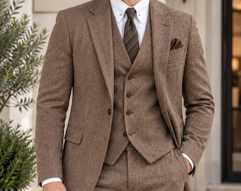 Men's Brown Herringbone Tweed Wool Three Piece Suit, Wedding Groom Wear