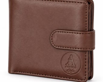 Cactus Leather Trifold Wallet Men, RFID Blocking, Vegan Gift for Him, Brown, 12 Card Slots, Coin Pocket