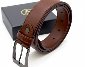 Gift for Him | Men's Brown Vegan Leather Belt | Slim Cactus Leather, Presented in Box | 3rd Anniversary Gift