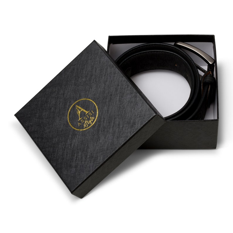 Black faux leather belt for men in recyclable gift box - sustainable gift ideas