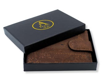 Gift for Him | Brown RFID Blocking Vegan Wallet | Cork Bifold with Coin Purse, Gift Box | 3rd, 5th Anniversary