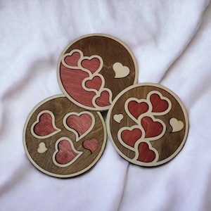 Wooden Coasters with Hearts - two layers, set of 4 or 6 + holder | Heart Coasters | Valentine&#39;s Day Gift