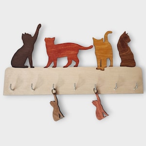 Key Holder for Wall Cat Design, Cat Lover Gift for New Home, Personalised Housewarming Entryway Wood Keys Hanger Organiser, Wall Art Decor