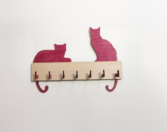 Personalized Wooden Cat Key Holder: Wall Decor with 7 Hooks