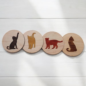 Wooden Cat Coasters Gift for Cat Lovers Kitchen Home Decor Housewarming Gift Drink Coasters New Home Gift - Set of 4 Coasters