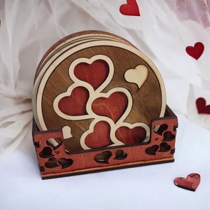Wooden Coasters with Hearts - two layers, set of 4 or 6 + holder | Heart Coasters | Valentine&#39;s Day Gift