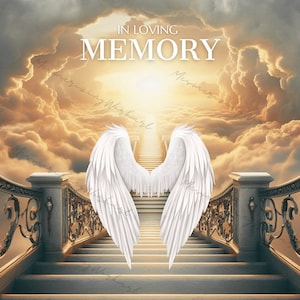 Modèle de fond commémoratif Escaliers vers le ciel Repose en paix dans la mémoire aimante PNG Cadeau funéraire Conception Ciel Toile de fond Téléchargement instantané