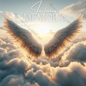 Plantilla de fondo conmemorativo Alas de ángel Descanse en paz en la memoria amorosa PNG Diseño de regalo funerario Cielo Telón de fondo Descarga instantánea imprimible