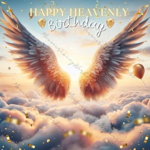 Fijne hemelse verjaardag in liefdevolle herinnering Verjaardag in de hemel overlay hemelachtergrond PNG herdenkingssjabloon RIP Instant Download Angel Wings