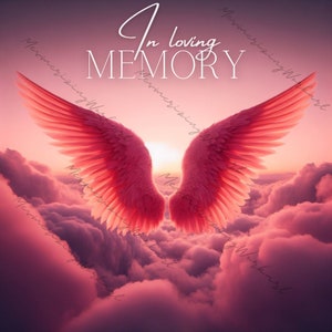 Pink Angel Wings Memorial Background Template Rest in Peace In Loving Memory PNG Funeral Gift Design Heaven Backdrop Instant Download