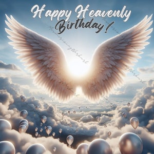 Joyeux anniversaire céleste en souvenir d'amoureux Anniversaire au paradis Superposition de fond paradisiaque Modèle commémoratif PNG Ailes d'ange en téléchargement immédiat