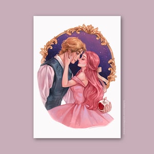 May include: A romantic illustration of a couple embracing, framed by a gold ornate mirror. The woman wears a pink dress and holds a red apple. The background is a starry night sky.