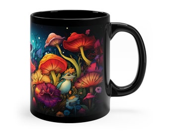 Trippy Psychedelic Mushroom Bright & colourful 11oz Mug in black and rainbow. Great gift for lovers of tea, coffee, fungi and herbal drinks.