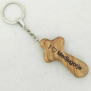 I love Medjugorje Olive Wood Comfort Cross Key Chain, Blessings from Jerusalem.