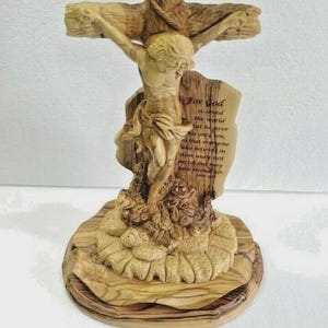 Master Piece Hand Crafted Olive Wood Jesus Crucifixion Statue, With Scripture of (John 3:16). Please read full description.